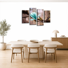 LR Floral Rose Wall Art Picture – Grey & Teal Framed 4 Panel Split Canvas Print | Ready to Hang | Modern Wall Art for Living Room, Bedroom & Office
