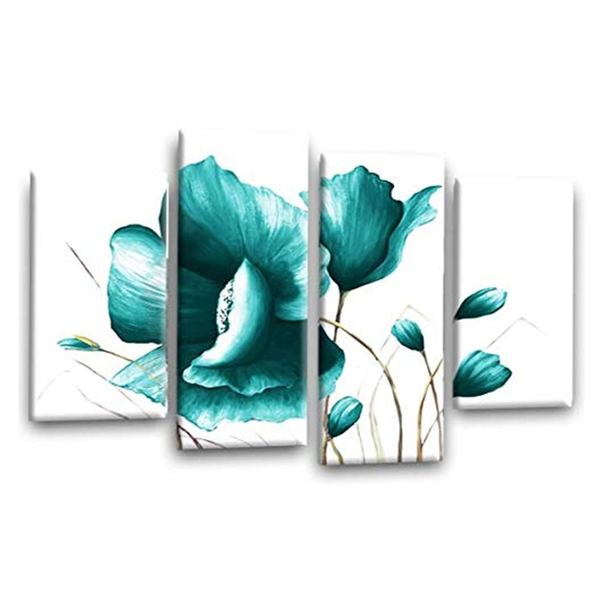 LR Floral Teal Rose Wall Art Picture – White Framed 4 Panel Split Canvas Print | Ready to Hang | Modern Wall Art for Living Room, Bedroom & Office