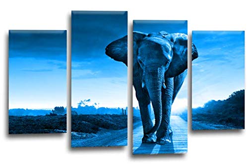 LR Elephant Sunset Wall Art Picture Blue Grey Animal Africa Framed Split Canvas Print Ready to Hang