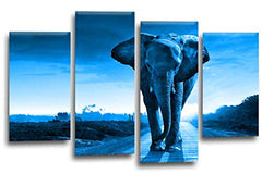 LR Elephant Sunset Wall Art Picture Blue Grey Animal Africa Framed Split Canvas Print Ready to Hang