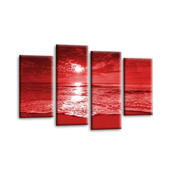 LR Sunset Beach Wall Art Picture – Red & Cream Seascape Framed 4 Panel Split Canvas Print | Ready to Hang | Modern Wall Art for Living Room, Bedroom & Office
