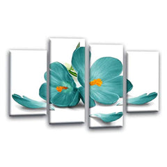 LR Floral Rose Wall Art Picture – Teal & White Framed 4 Panel Split Canvas Print | Ready to Hang | Modern Wall Art for Living Room, Bedroom & Office