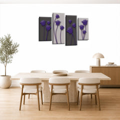 LR Purple Floral Rose Wall Art Picture – Grey Framed 4 Panel Split Canvas Print | Ready to Hang | Modern Wall Art for Living Room, Bedroom & Office