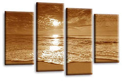 LR Sunset Beach Wall Art Picture Brown Cream Seascape Love Framed Split Canvas Print Ready to Hang
