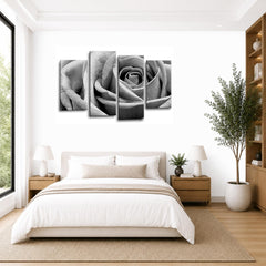 LR Floral Grey Rose Love Art Wall Art Picture – White Framed 4 Panel Split Canvas Print | Ready to Hang | Modern Wall Art for Living Room, Bedroom & Office