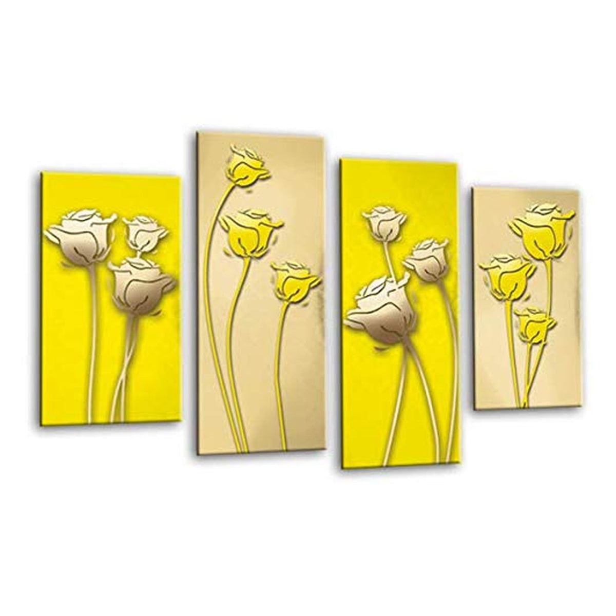LR Floral Rose Wall Art Picture – Yellow & Cream Framed 4 Panel Split Canvas Print | Ready to Hang | Modern Wall Art for Living Room, Bedroom & Office