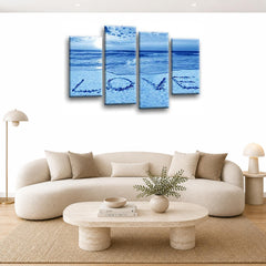 LR Love Beach Wall Art Picture – Grey & Blue Sunset Seascape Framed 4 Panel Split Canvas Print | Ready to Hang | Modern Wall Art for Living Room, Bedroom & Office