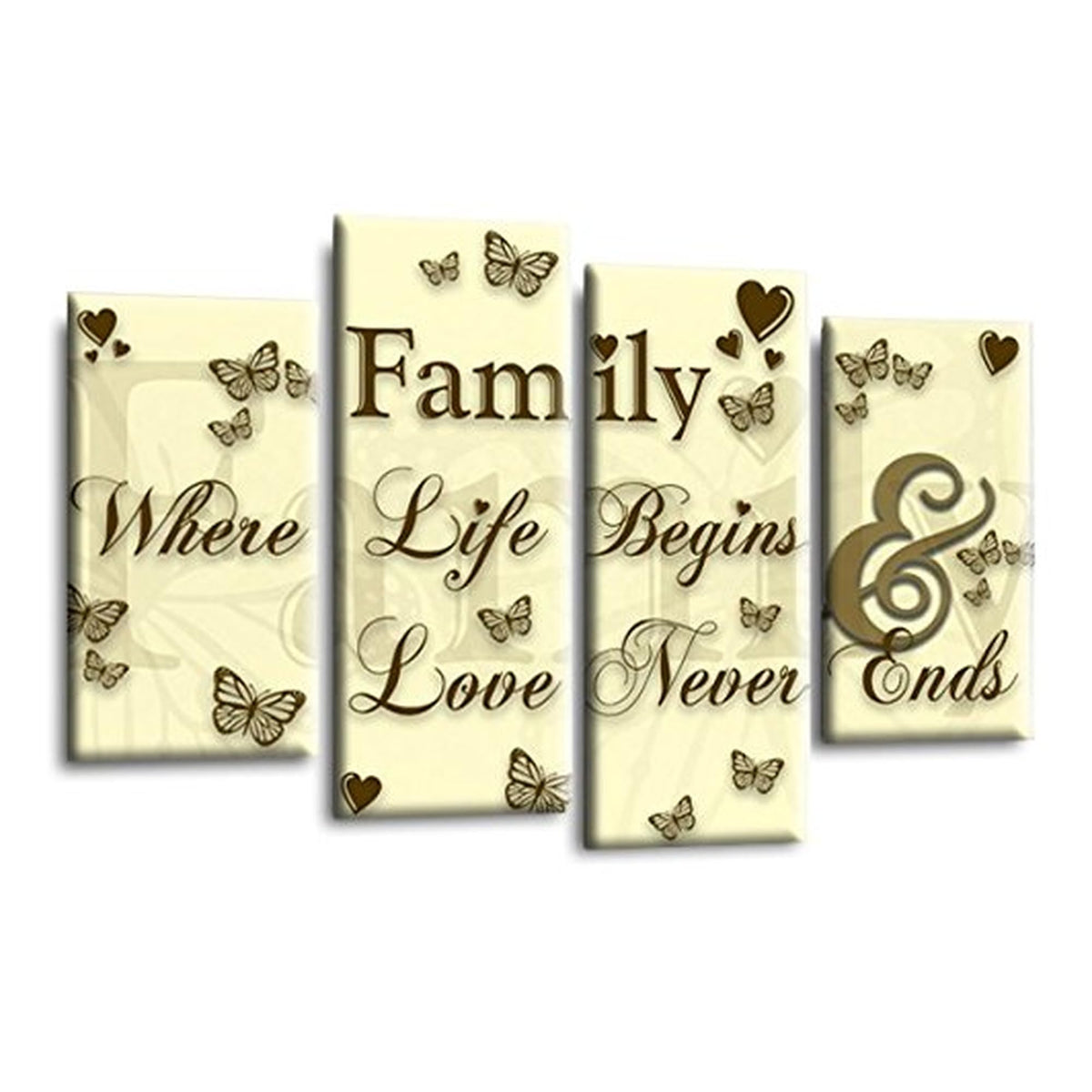 LR Family Love Quote Wall Art Picture – Cream & Brown Framed 4 Panel Split Canvas Print | Ready to Hang | Modern Wall Art for Living Room, Bedroom & Office