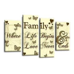 LR Family Love Quote Wall Art Picture – Cream & Brown Framed 4 Panel Split Canvas Print | Ready to Hang | Modern Wall Art for Living Room, Bedroom & Office